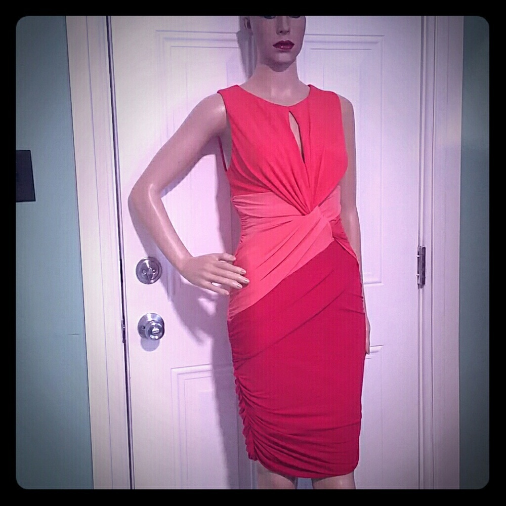 HALSTON HERITAGE 6 M KNIT RUCHED BODY CON CORAL SHEATH DRESS